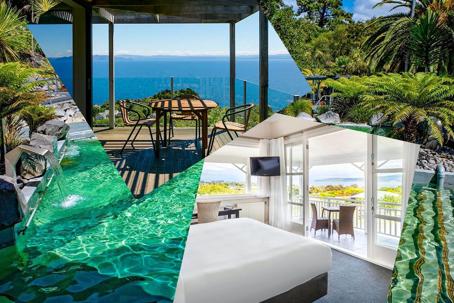 A collage of images of great hotel, motel and airbnb accommodation in Taupo.